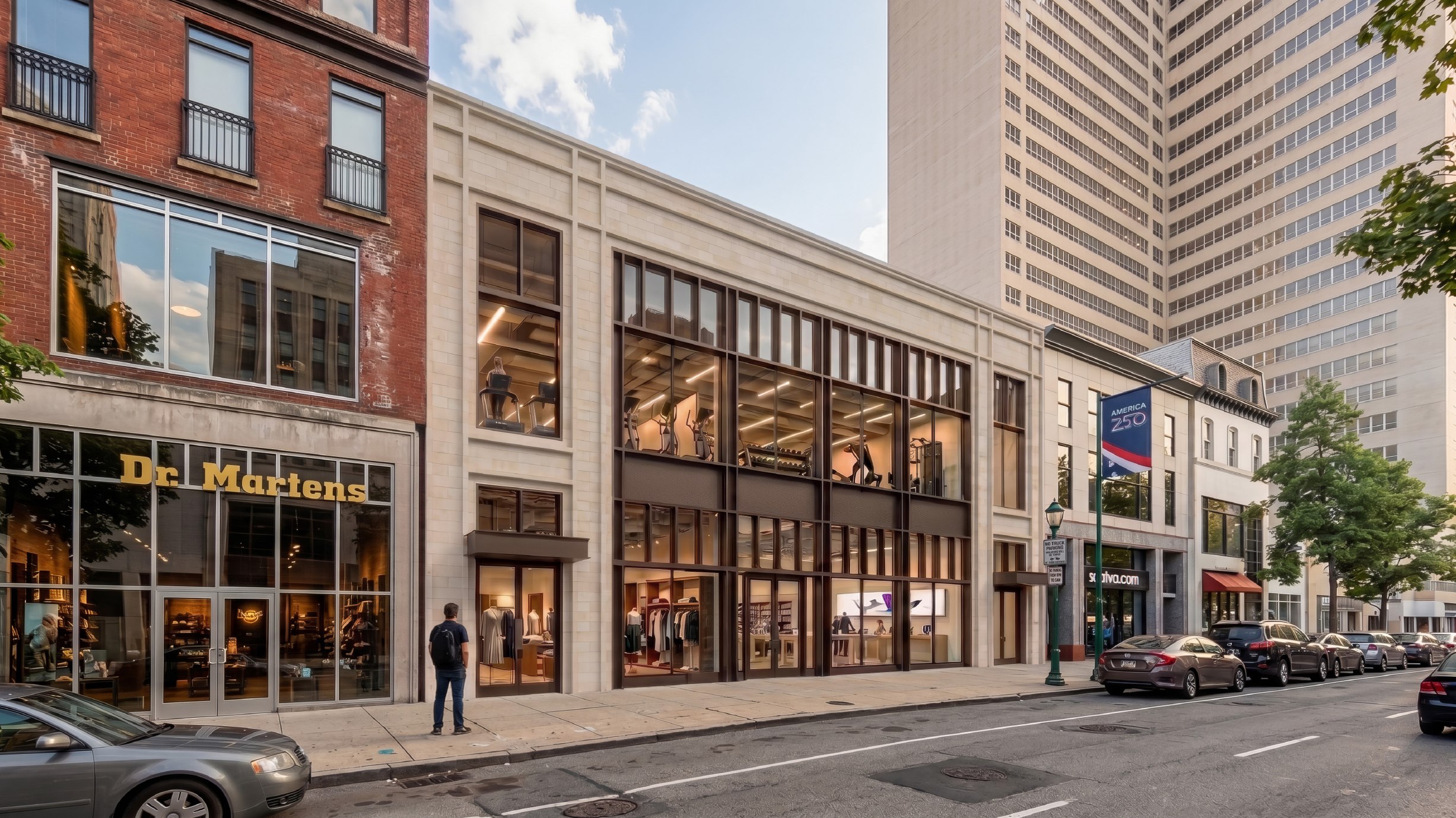 Daytime rendering of the development looking down Walnut Street